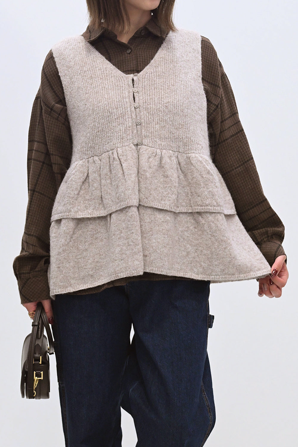 フリル付きグレーのニットベスト 全3色】バイカラー ケーブル入り