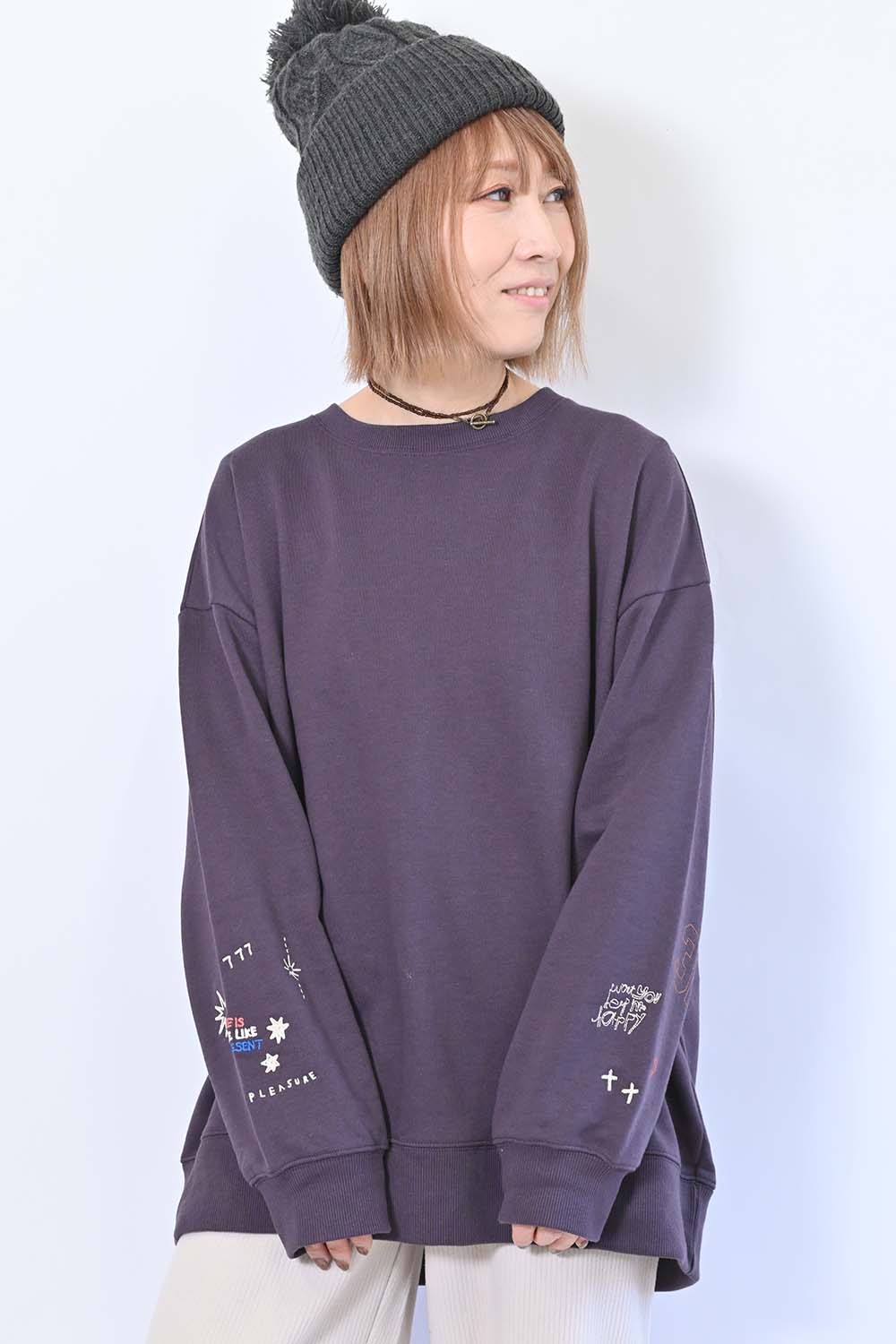 MORABITO ネイビー 刺繍入り 長袖チュニック 透け感 ボリューム袖