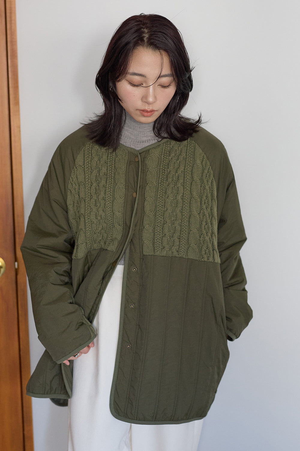 ≪SALE≫Knit & Quilted Collarless Outerwear