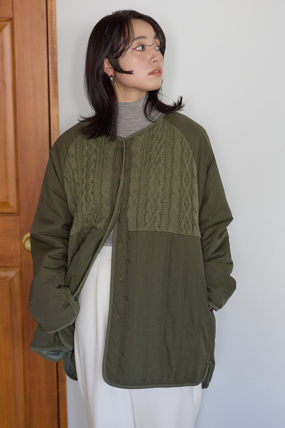 ≪SALE≫Knit & Quilted Collarless Outerwear
