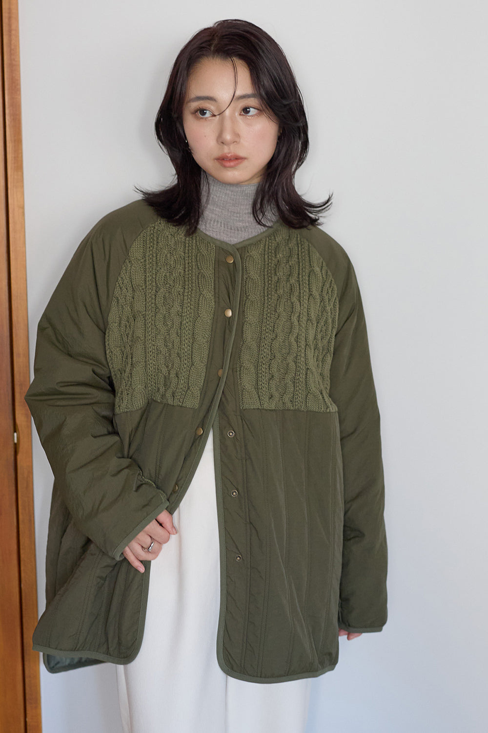 ≪SALE≫Knit & Quilted Collarless Outerwear