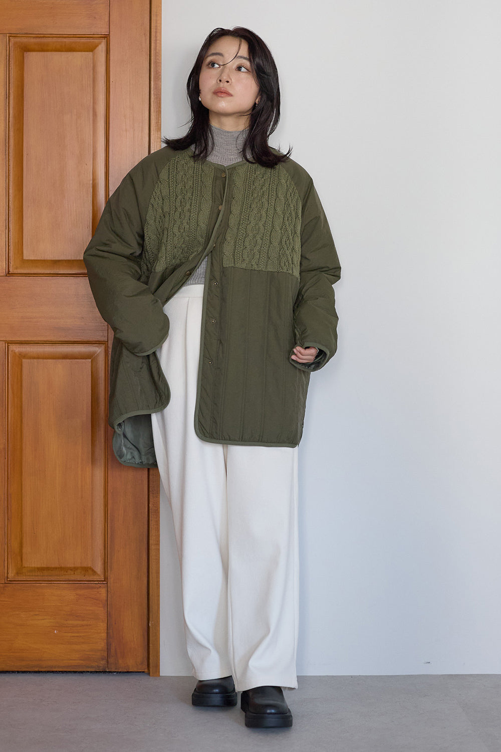≪SALE≫Knit & Quilted Collarless Outerwear