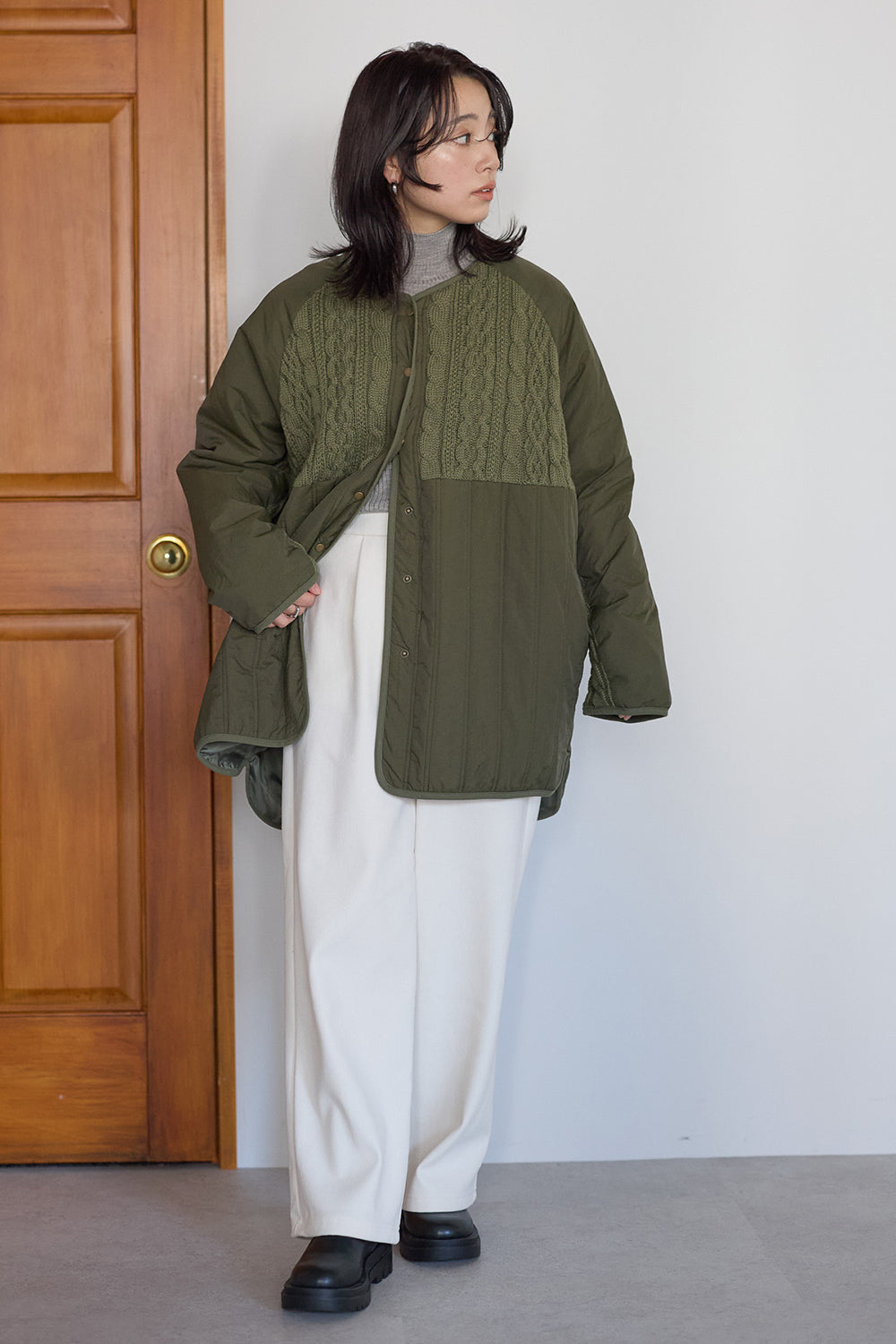 ≪SALE≫Knit & Quilted Collarless Outerwear