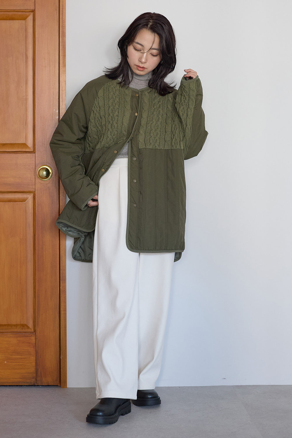 ≪SALE≫Knit & Quilted Collarless Outerwear