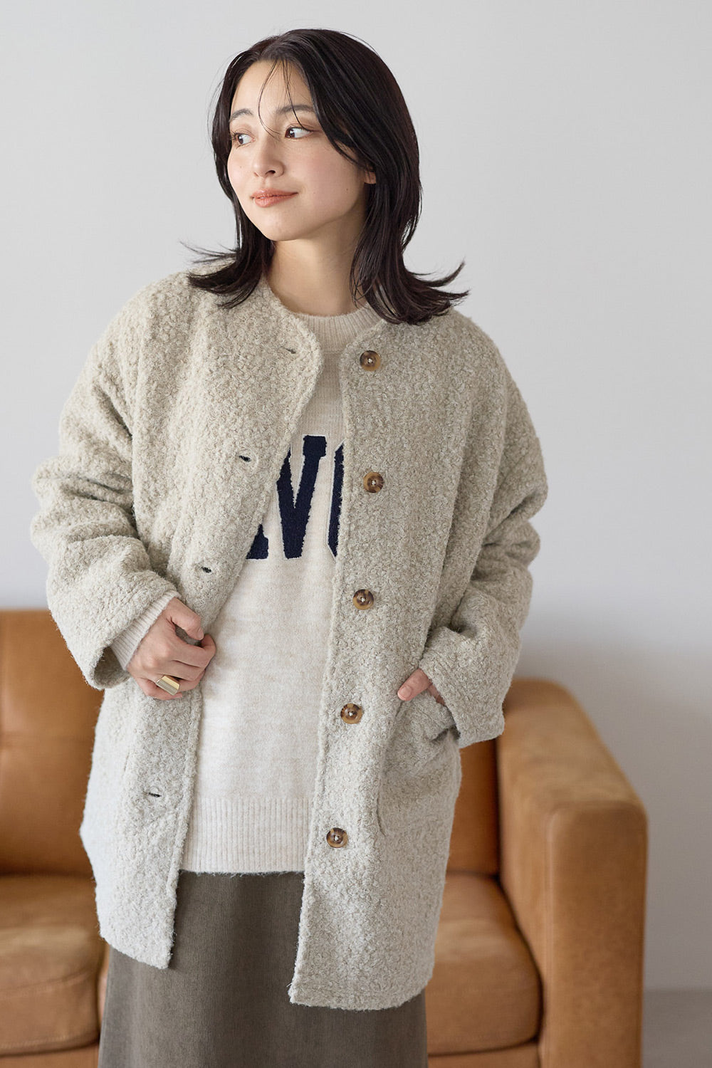 ≪SALE≫Wool-Like Crew Neck Coat