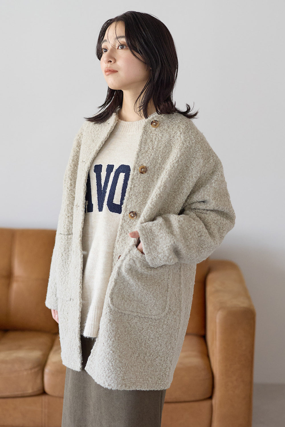 ≪SALE≫Wool-Like Crew Neck Coat