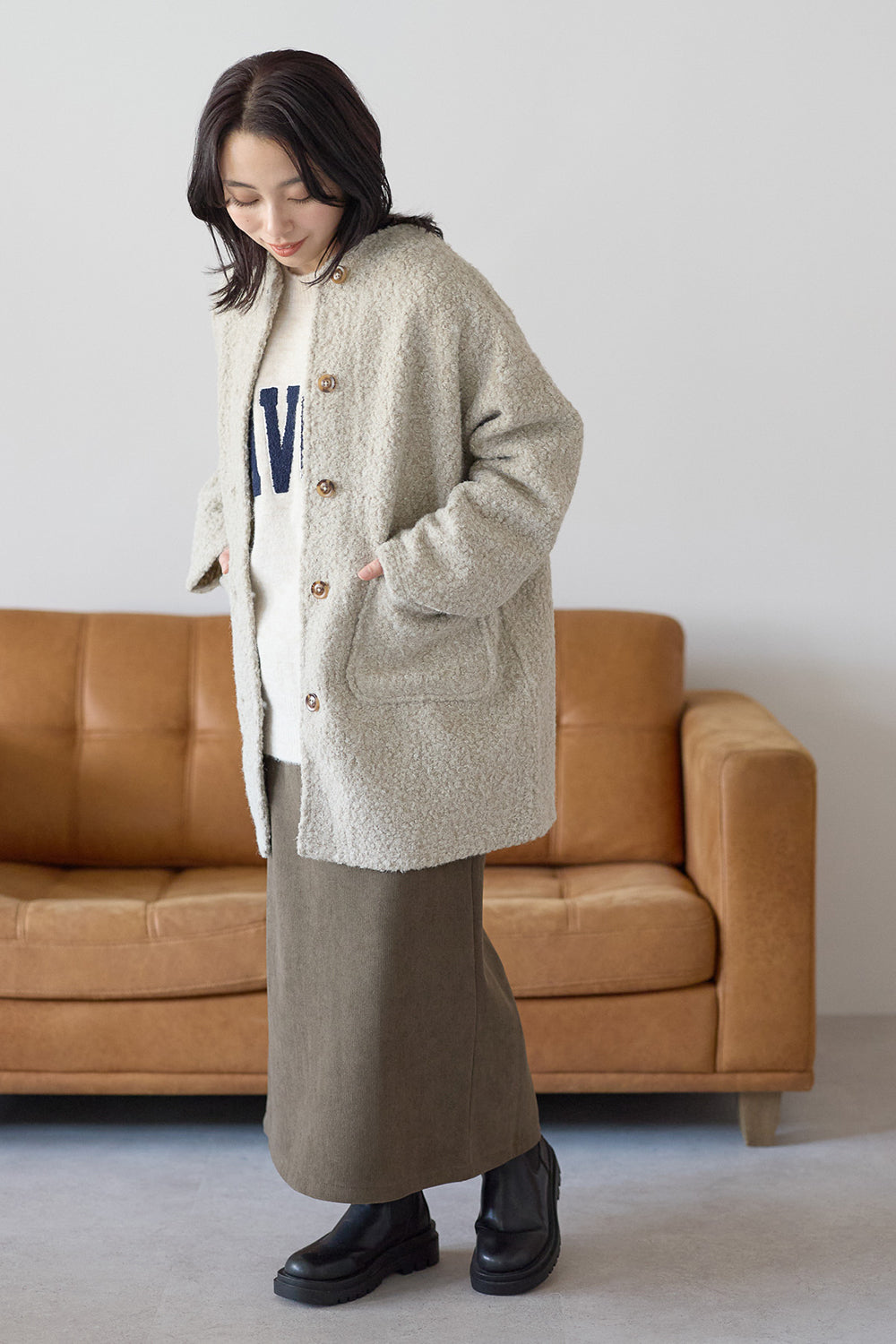 ≪SALE≫Wool-Like Crew Neck Coat