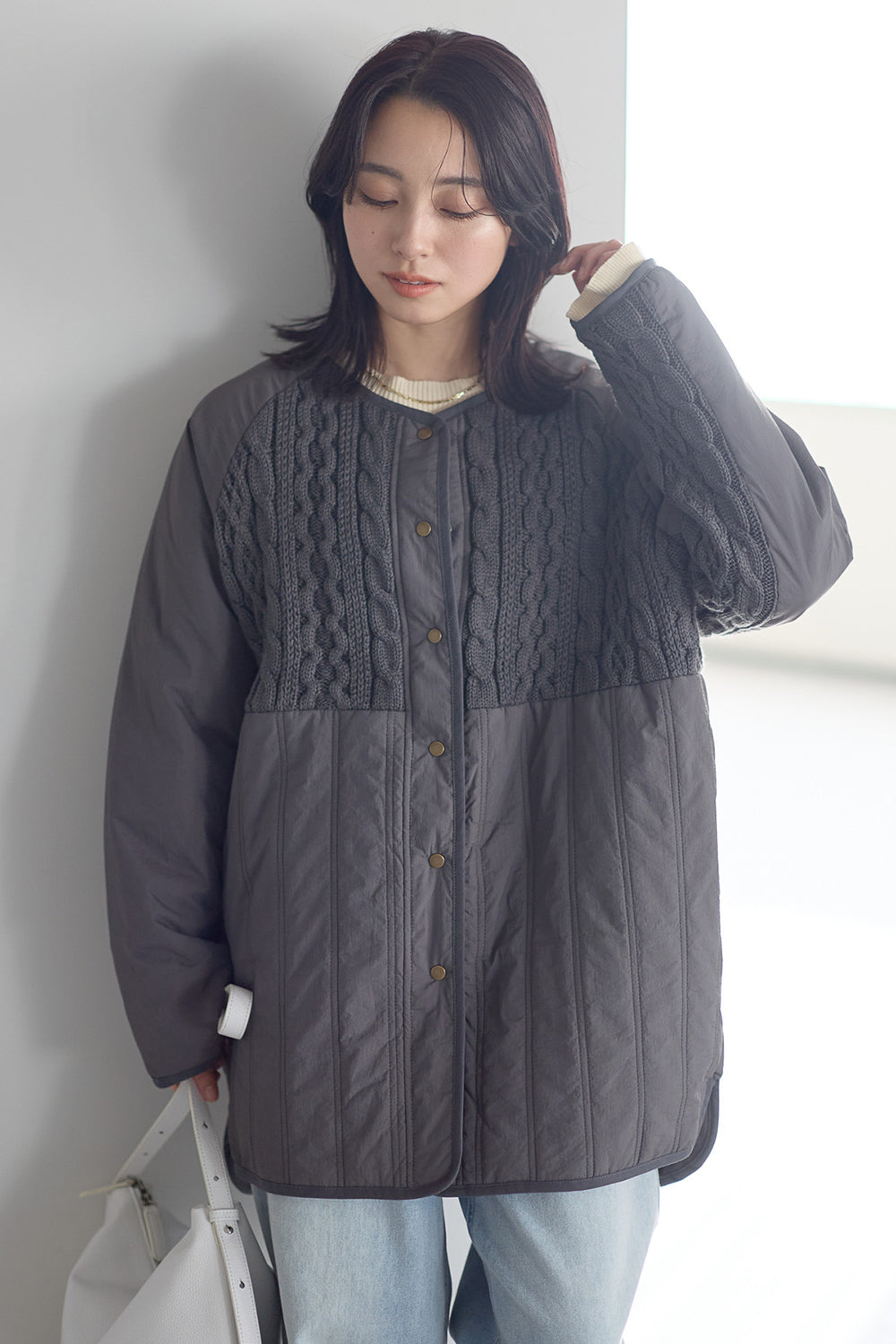≪SALE≫Knit & Quilted Collarless Outerwear