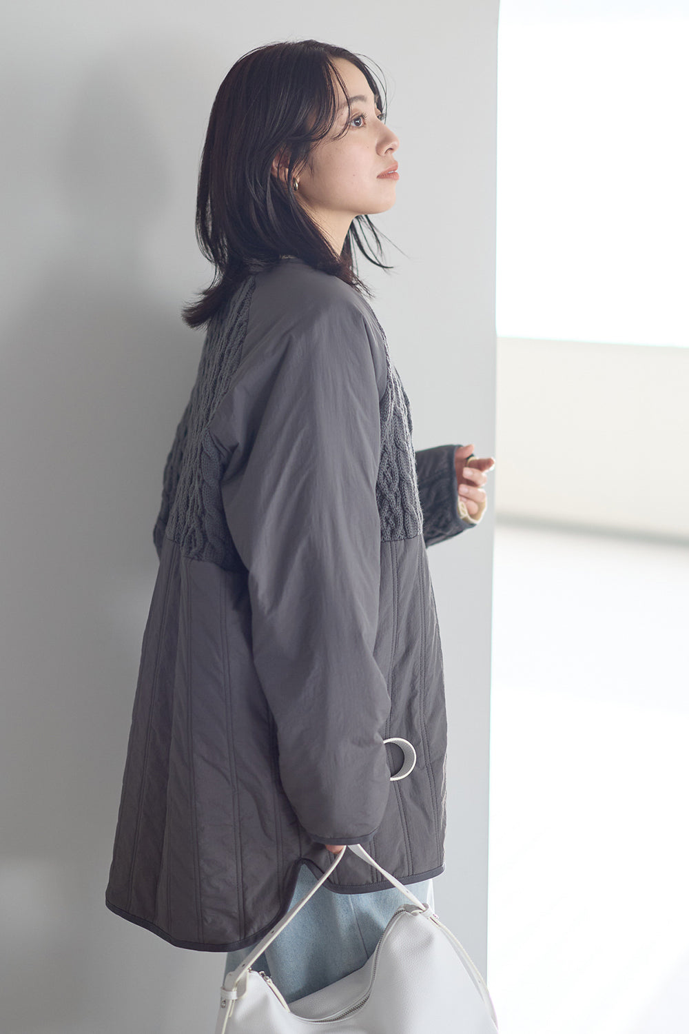 ≪SALE≫Knit & Quilted Collarless Outerwear