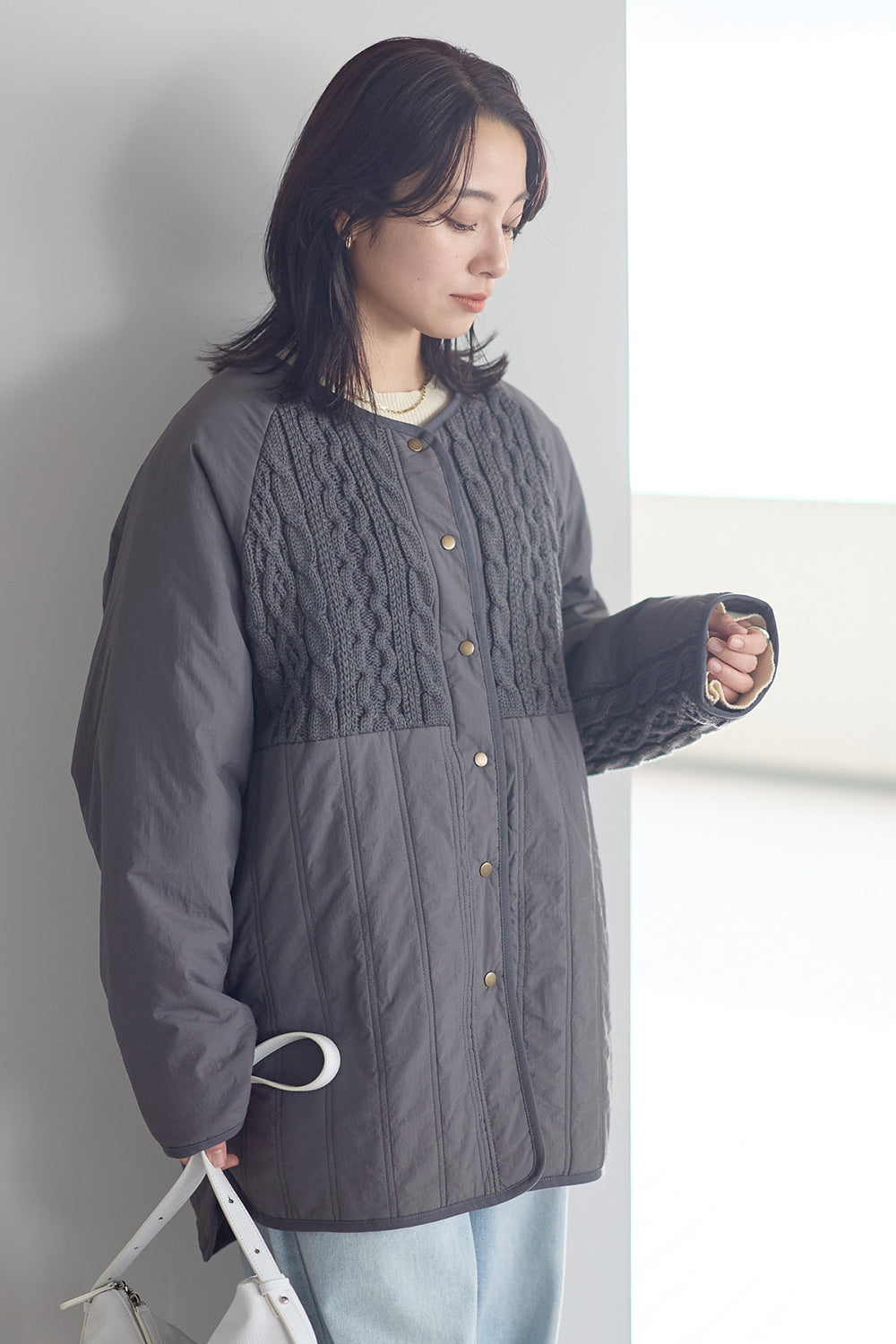 ≪SALE≫Knit & Quilted Collarless Outerwear