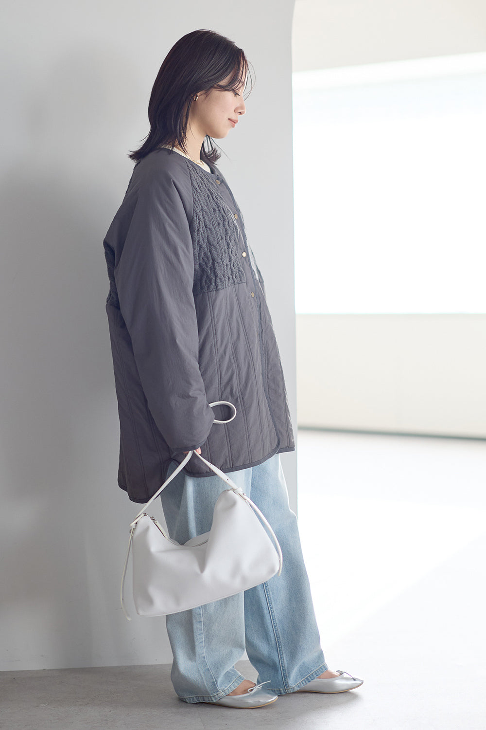 ≪SALE≫Knit & Quilted Collarless Outerwear
