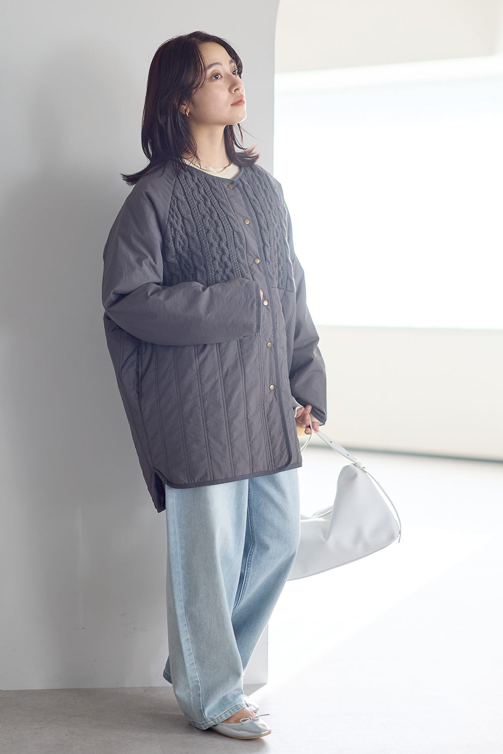≪SALE≫Knit & Quilted Collarless Outerwear