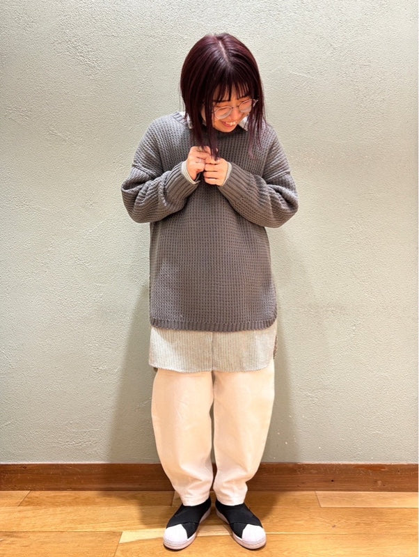 裾ラウンドワッフルニットプルオーバー