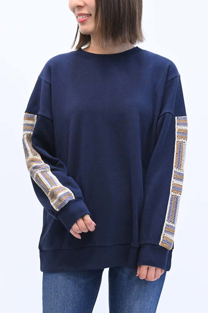 ≪SALE≫ Loose Tunic with Crochet Sleeve Fleece