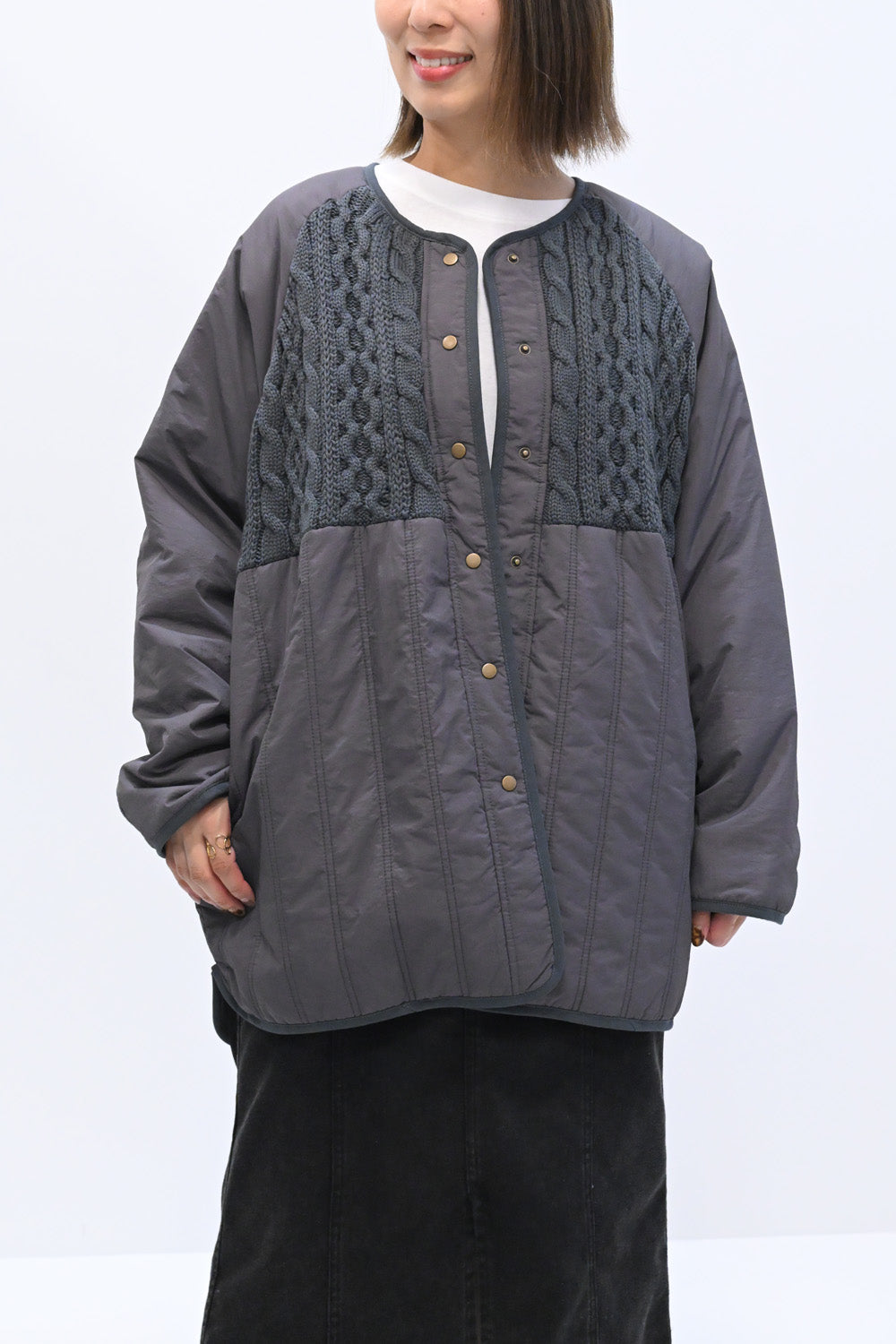 ≪SALE≫Knit & Quilted Collarless Outerwear