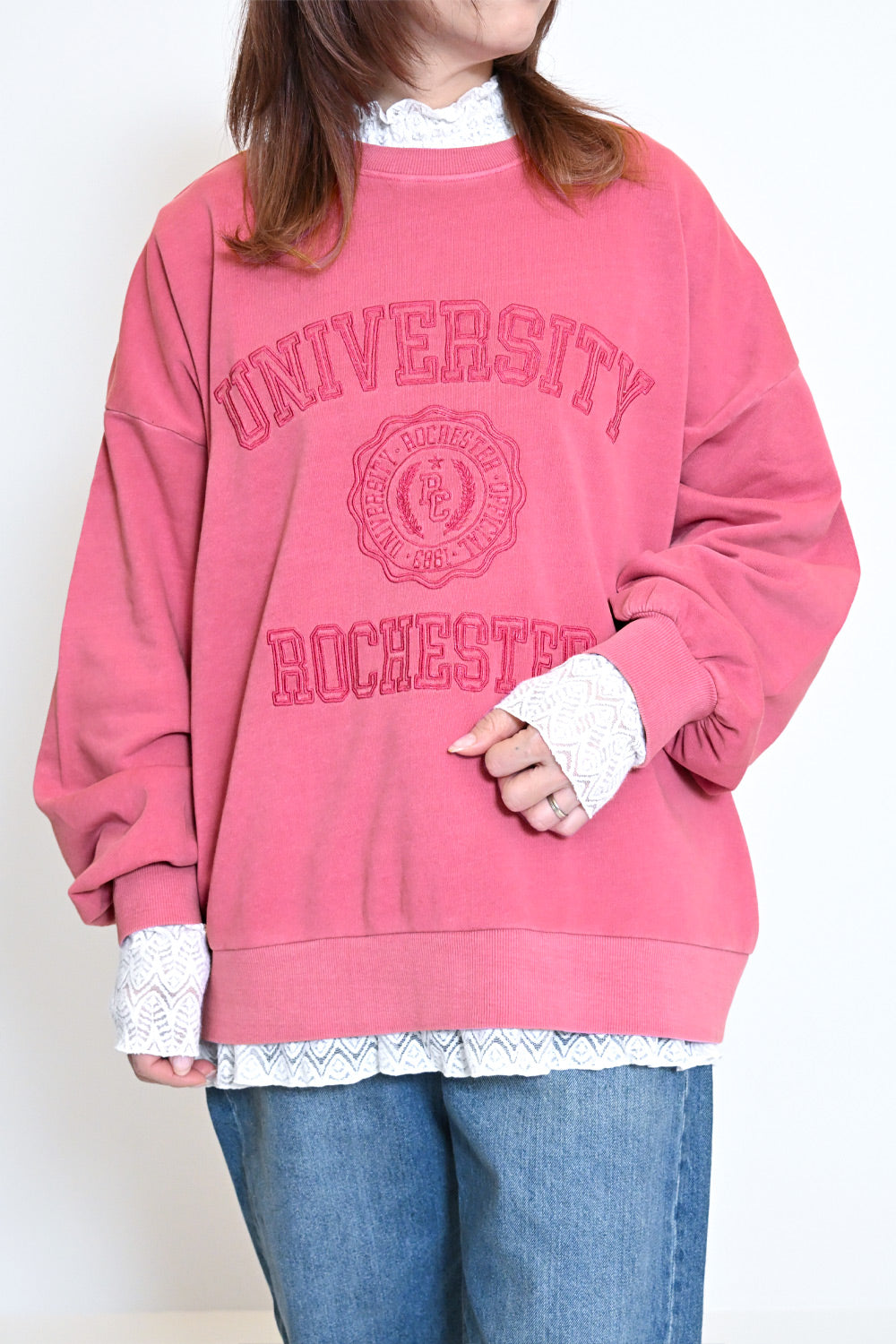 ≪SALE≫College Embroidery Pigment Brushed Fleece Sweatshirt