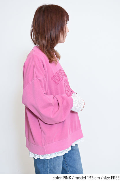 ≪SALE≫College Embroidery Pigment Brushed Fleece Sweatshirt