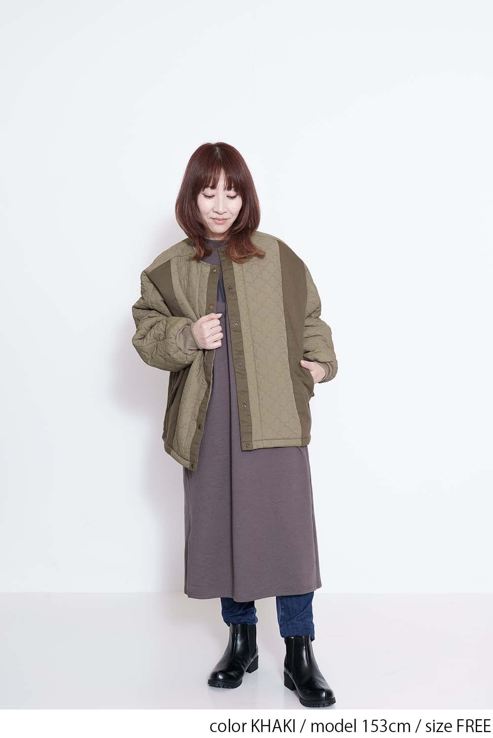 キルティングツイル切替ノーカラーブルゾン