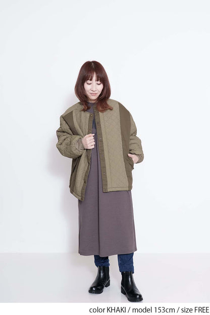 キルティングツイル切替ノーカラーブルゾン