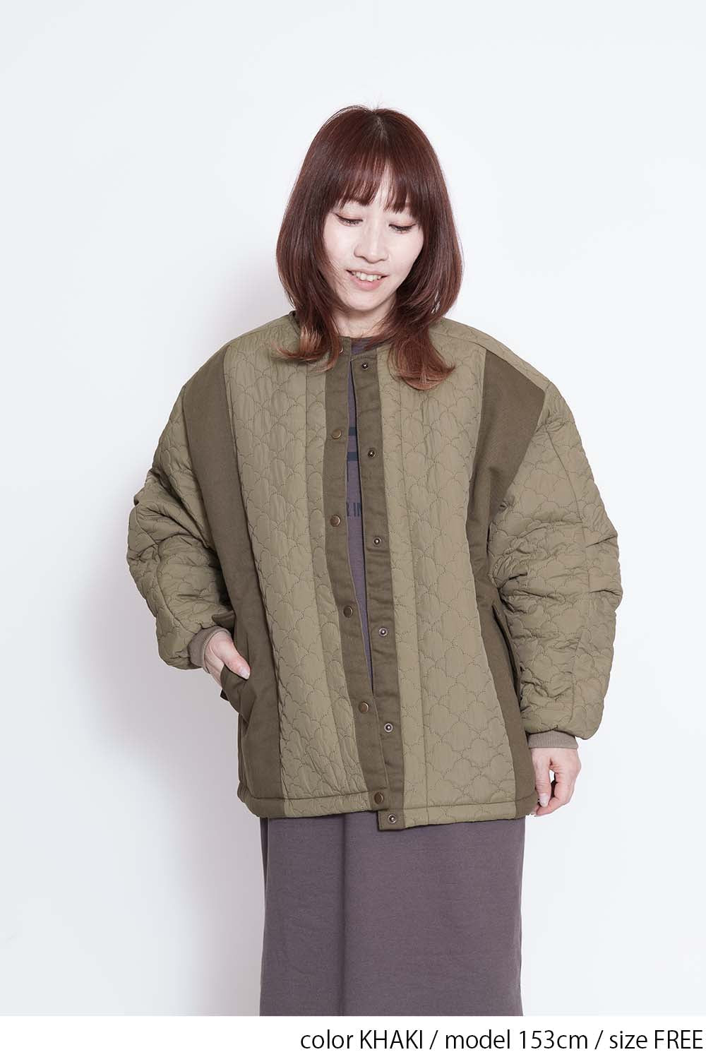 キルティングツイル切替ノーカラーブルゾン