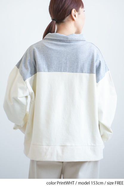 裏毛プリント配色衿つきプルオーバー