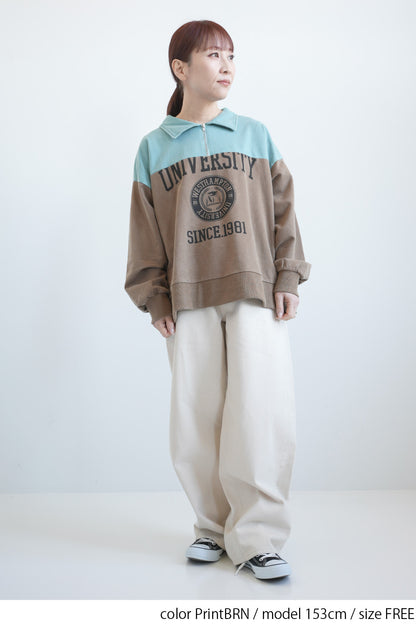 裏毛プリント配色衿つきプルオーバー