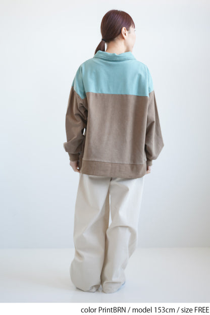 裏毛プリント配色衿つきプルオーバー
