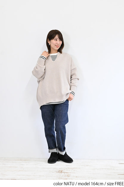 かのこ編みゆったりキーネックプルオーバー