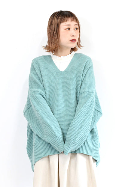 かのこ編みゆったりキーネックプルオーバー