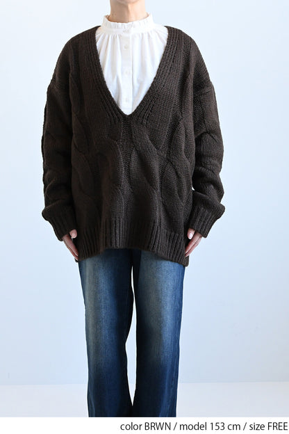 ≪SALE≫V-Neck Thick Cable Pullover