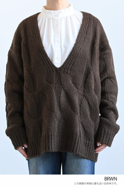 ≪SALE≫V-Neck Thick Cable Pullover