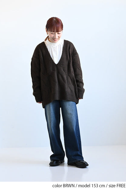 ≪SALE≫V-Neck Thick Cable Pullover