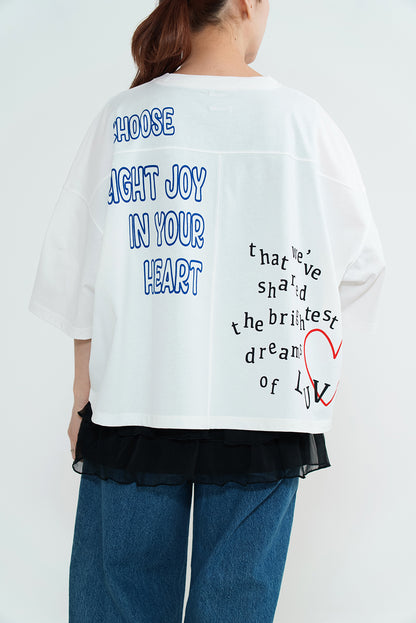 Back Logo Heart Print 3/4 Sleeve Pullover