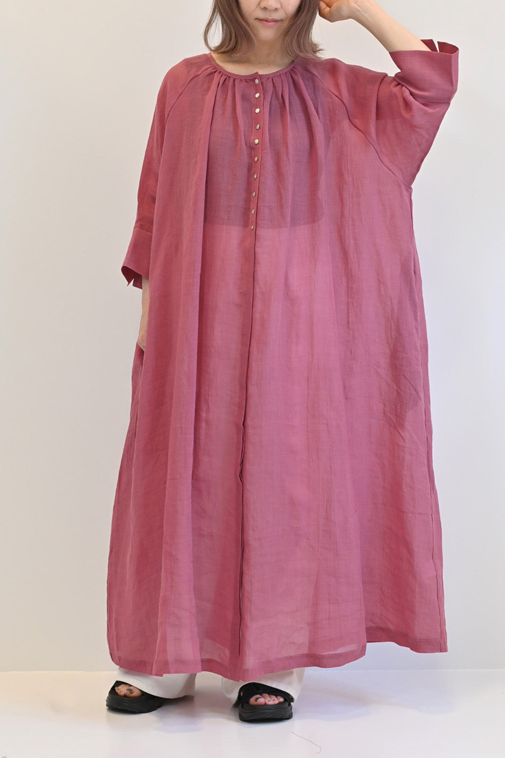 ≪SALE≫【08Mab】Ramie Crinkled Fly Front Dress