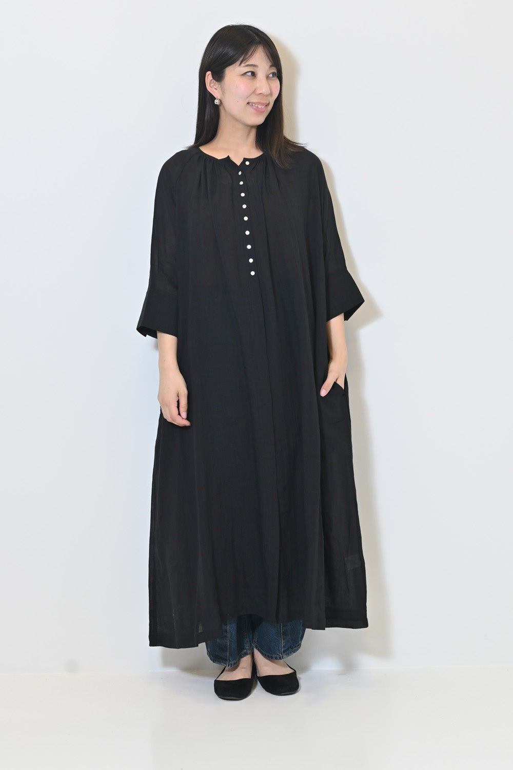≪SALE≫【08Mab】Ramie Crinkled Fly Front Dress