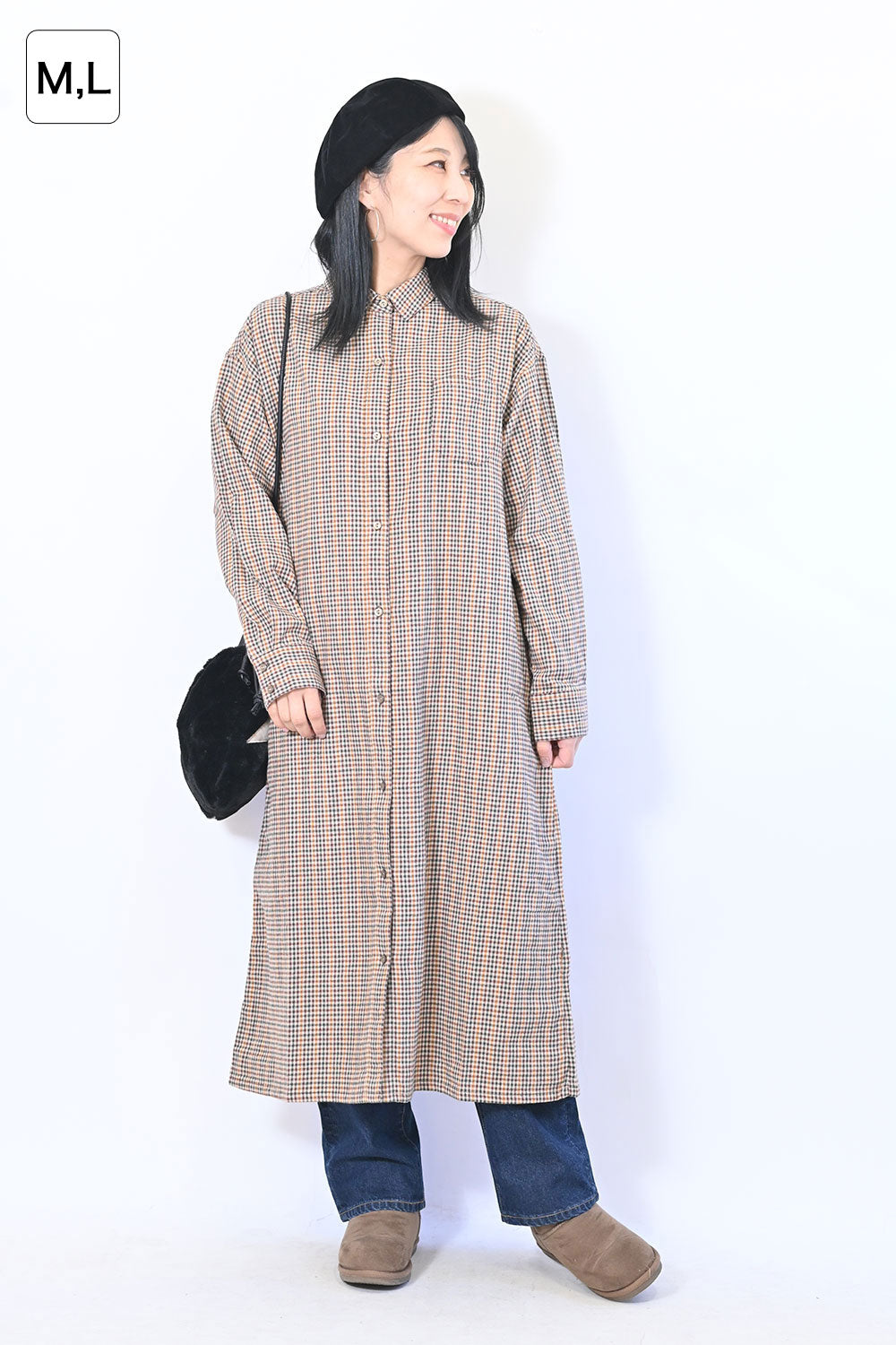 【no jean】両面起毛綾織チェックシャツワンピース