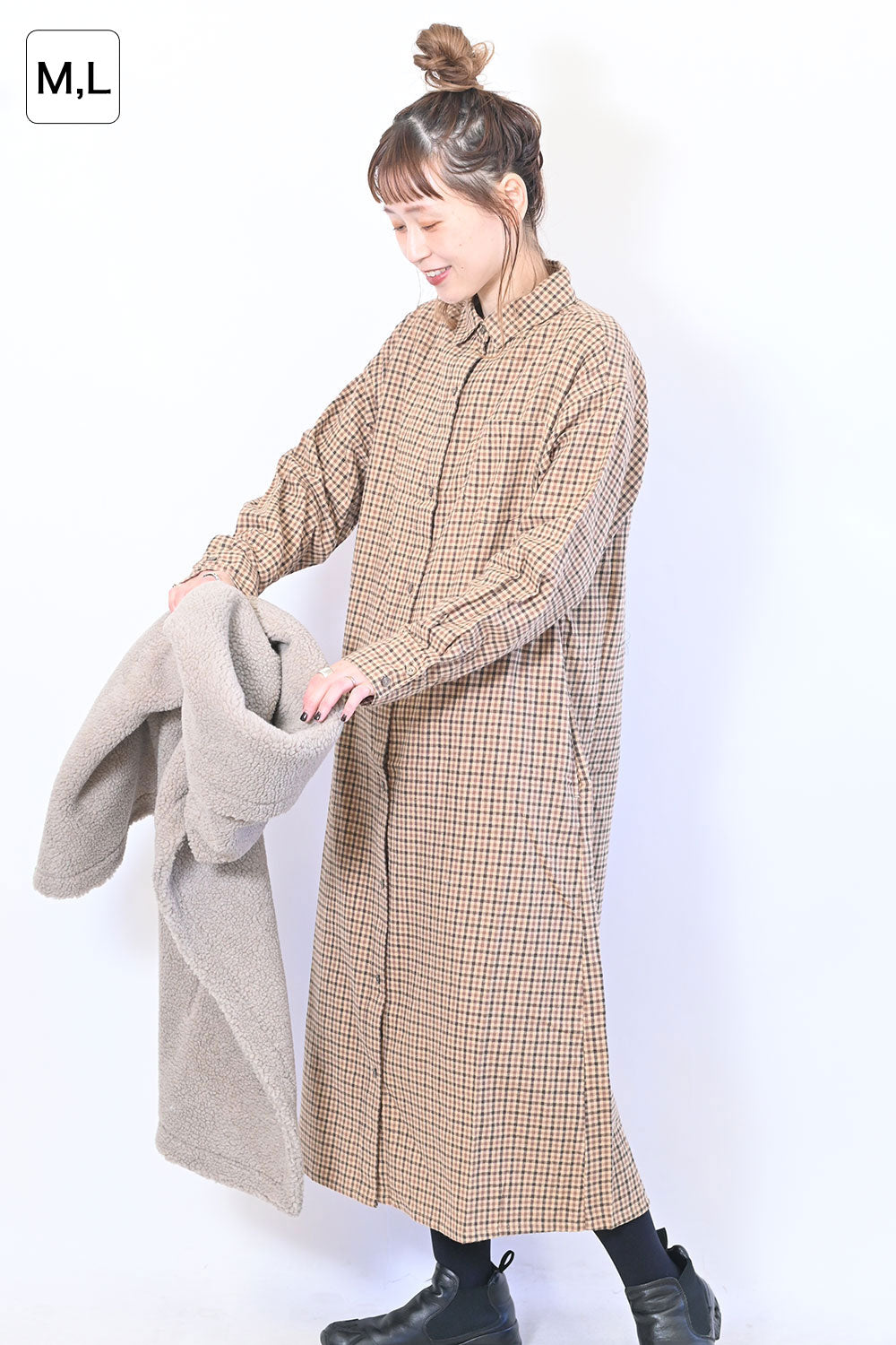【no jean】両面起毛綾織チェックシャツワンピース