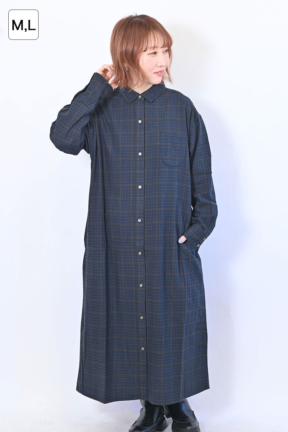【no jean】両面起毛綾織チェックシャツワンピース