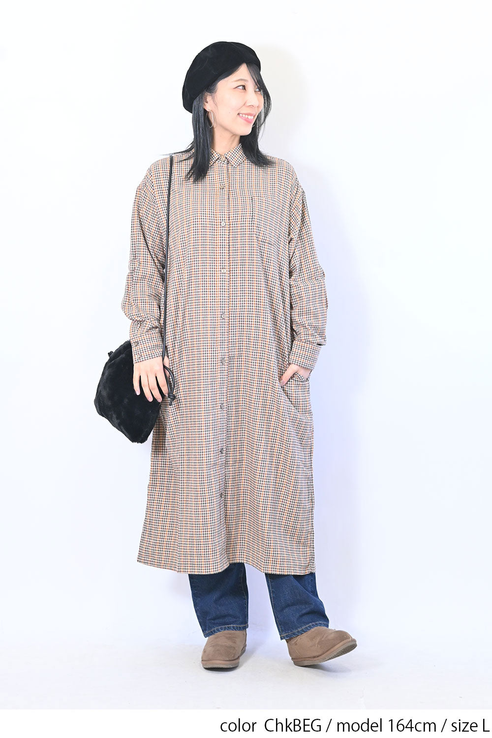 【no jean】両面起毛綾織チェックシャツワンピース