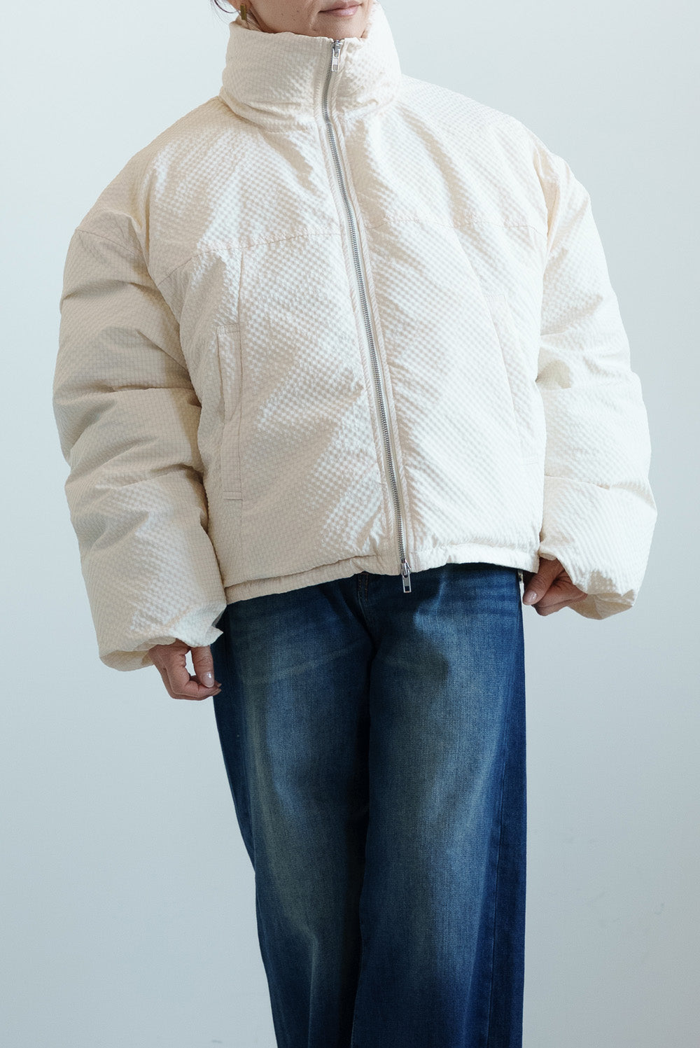 ≪SALE≫【Frame】Check Seersucker Quilted Stand Collar Short Jacket