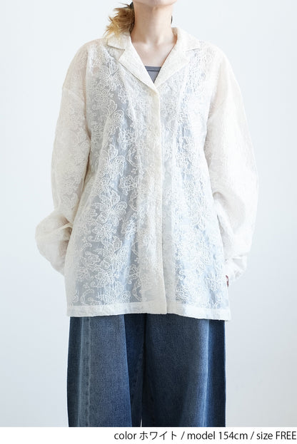 刺繍シアーオープンカラー長袖シャツ