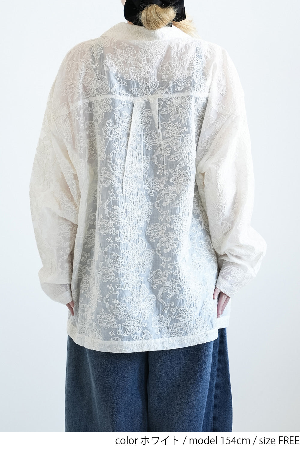 刺繍シアーオープンカラー長袖シャツ