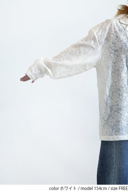 刺繍シアーオープンカラー長袖シャツ