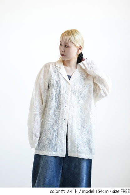 刺繍シアーオープンカラー長袖シャツ