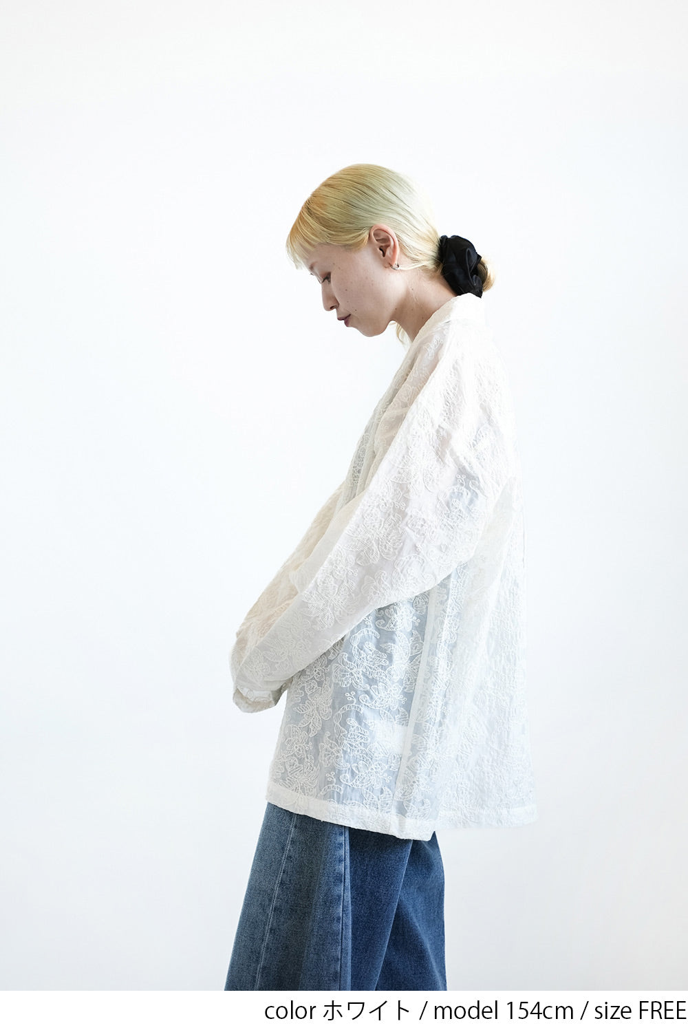 刺繍シアーオープンカラー長袖シャツ