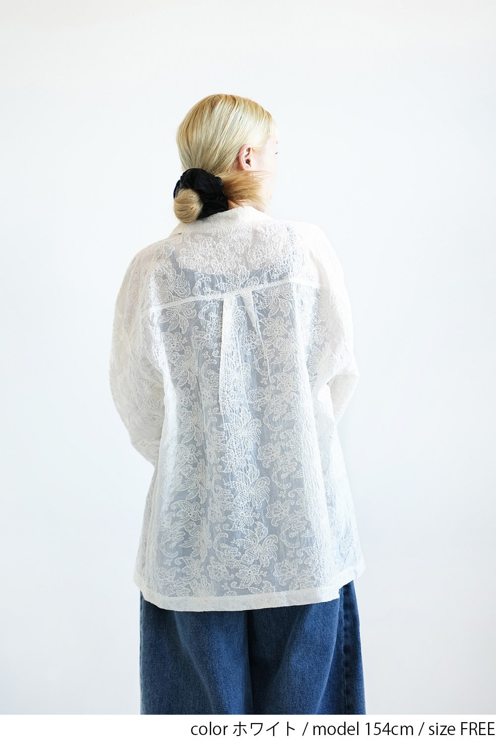 刺繍シアーオープンカラー長袖シャツ
