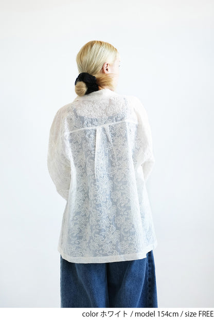 刺繍シアーオープンカラー長袖シャツ