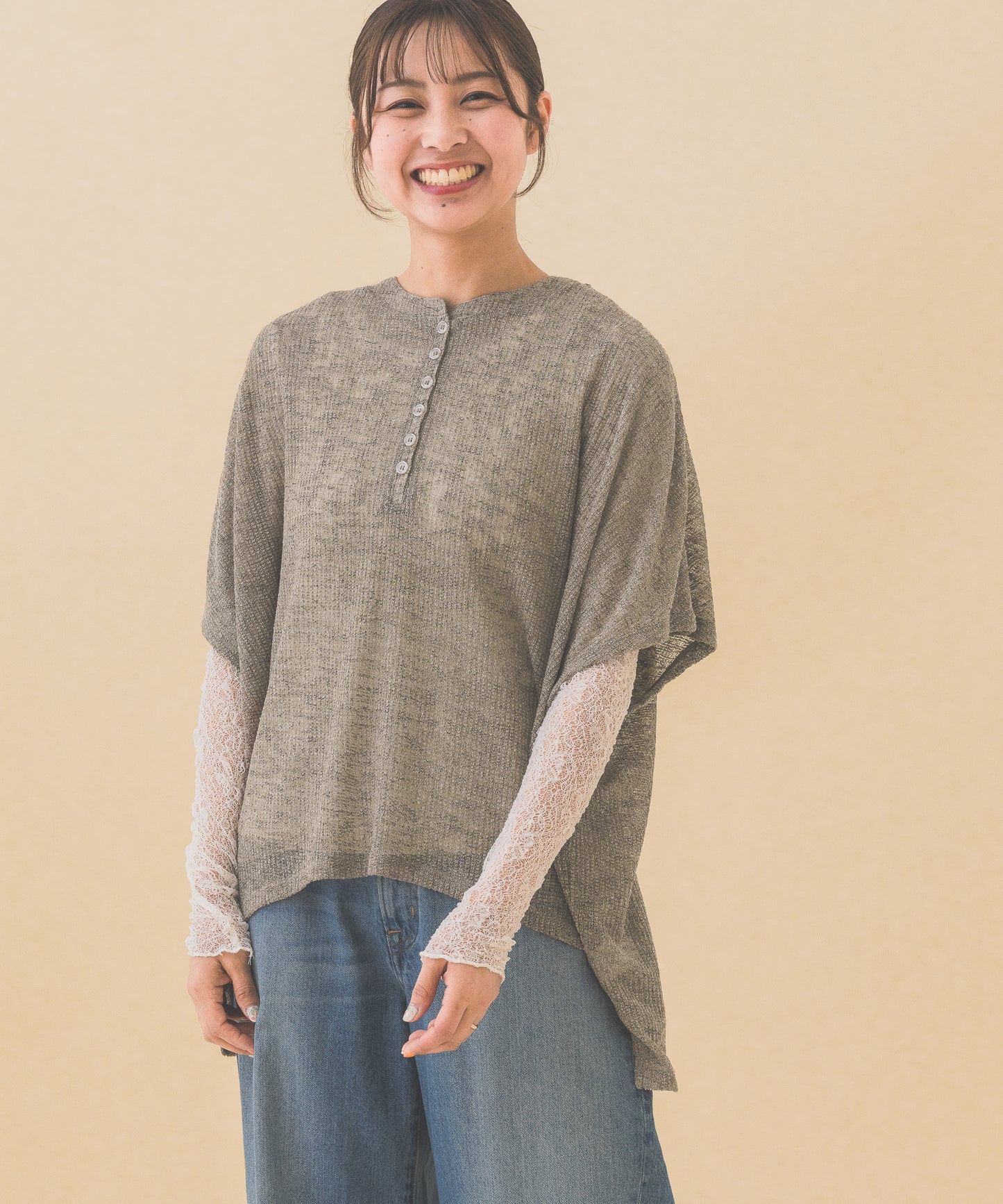シアーワッフルヘンリーネックルーズプルオーバー