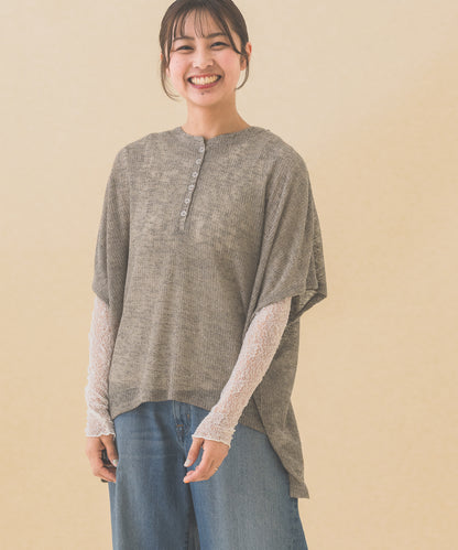 シアーワッフルヘンリーネックルーズプルオーバー