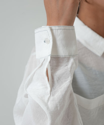 Color-contrast stitch sheer shirt